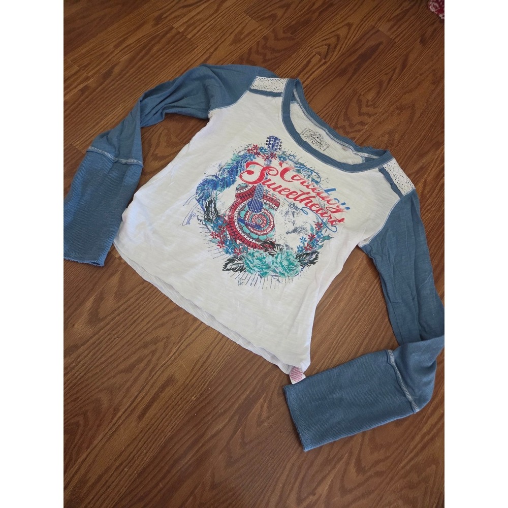 Panhandle Cowboy Sweetheart Raglan Graphic Top‎ Blue White Lace Rhinestone M